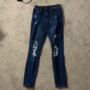 dark wash distressed high waisted jeans